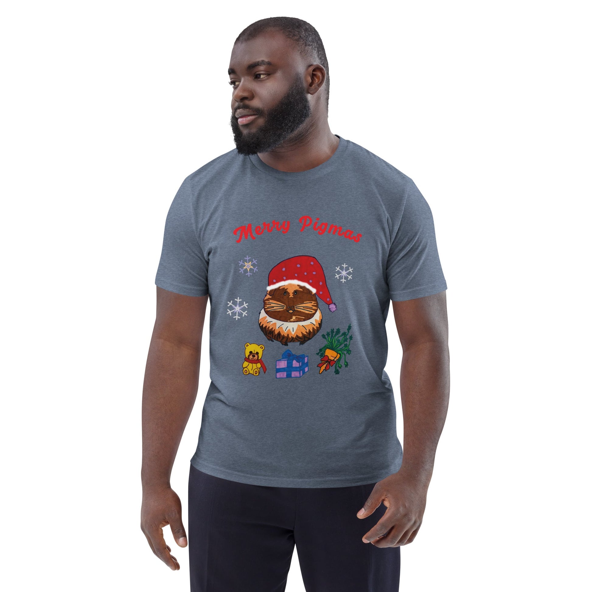 Man wearing a gray t-shirt with Christmas-themed guinea pig graphics and text 'merry pigmas' on a white background