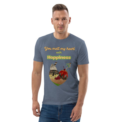 Man wearing a dark heather blue organic cotton t-shirt with colorful ice cream heart design and the phrase “You melt my heart with Happiness,” standing with a neutral expression.