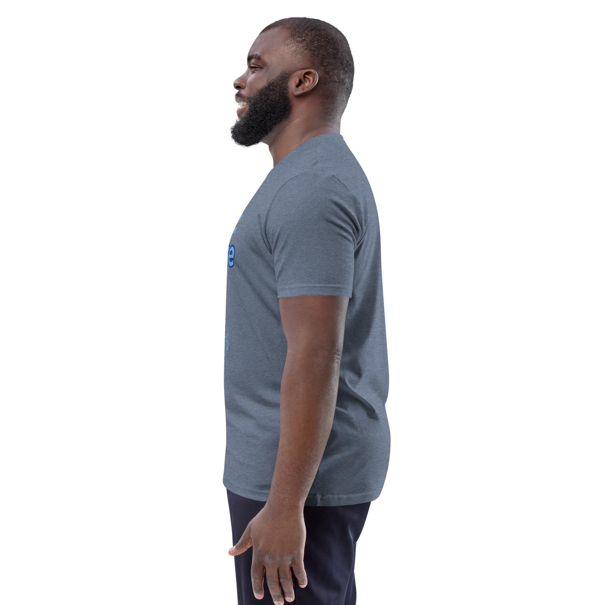 Side view of the men's organic Future Vision t-shirt in heather blue, highlighting the soft fit and breathable organic cotton fabric.