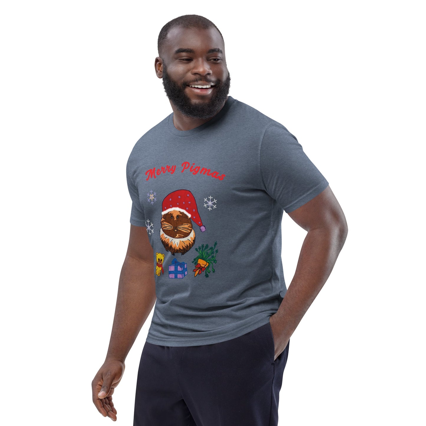Man wearing a gray t-shirt with a Christmas-themed design of a guinea pig on a white background