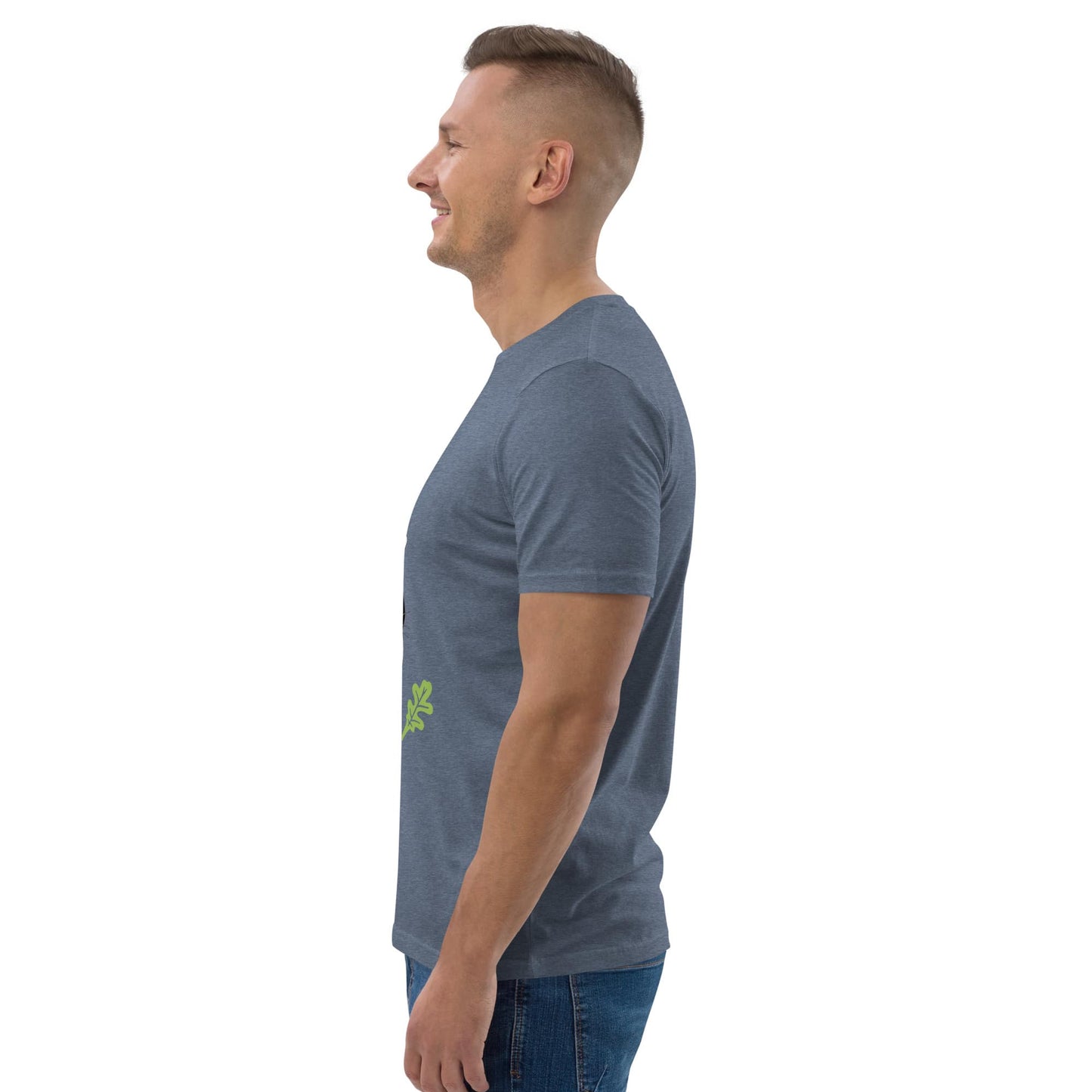 Side view of a men's organic cotton t-shirt in heather blue. Soft, breathable fabric with a relaxed fit for everyday comfort.