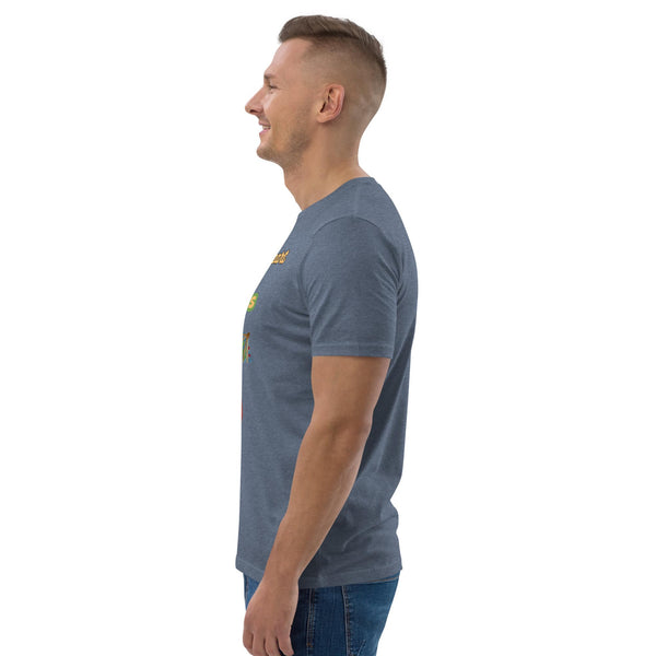 Profile view of man wearing dark heather blue sustainable graphic tee with visible part of the colorful ice cream heart design on the chest.
