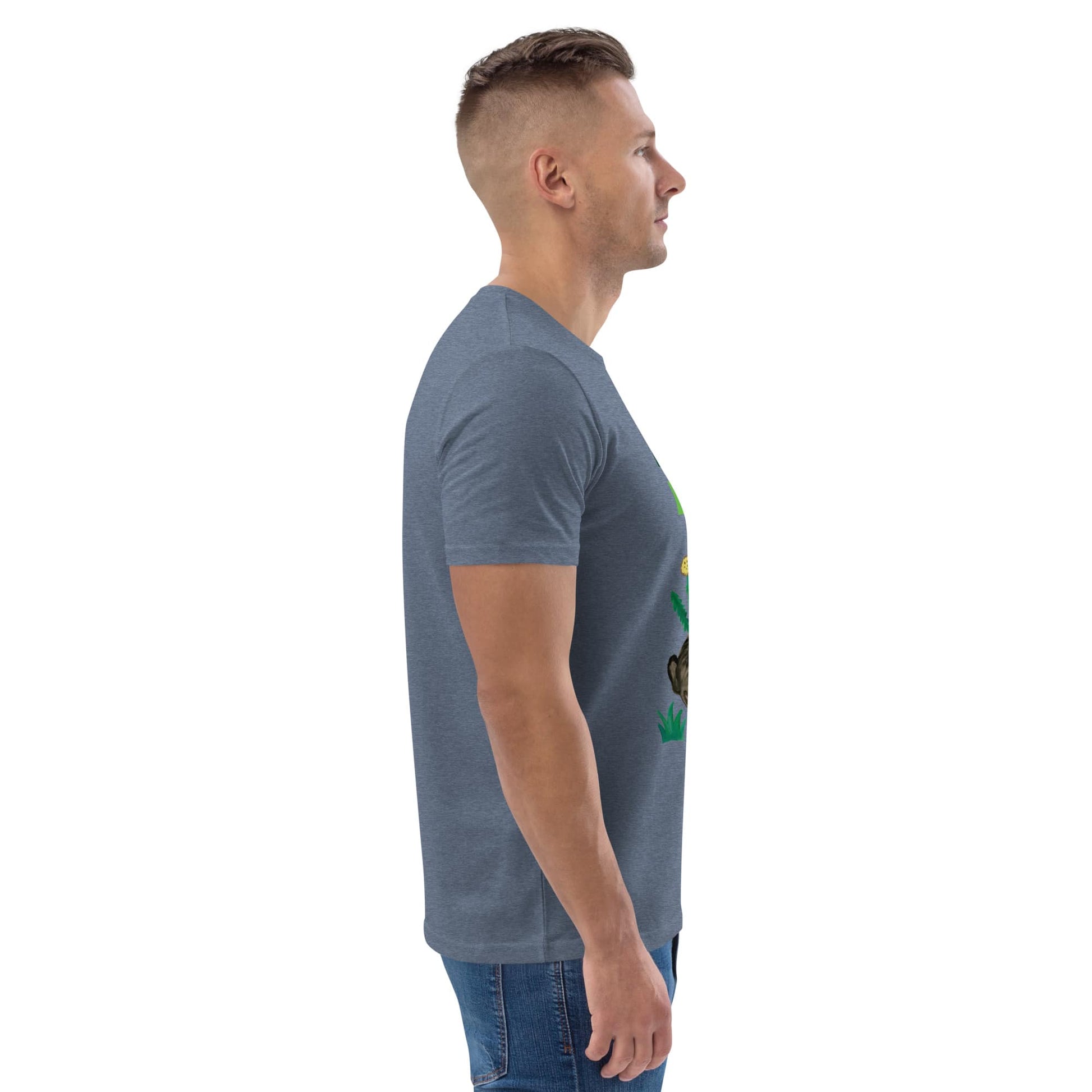 Side view of men’s dark heather blue organic cotton t-shirt featuring "Ruhe & Erholung" design with hand-painted rabbit, butterfly, and greenery.
