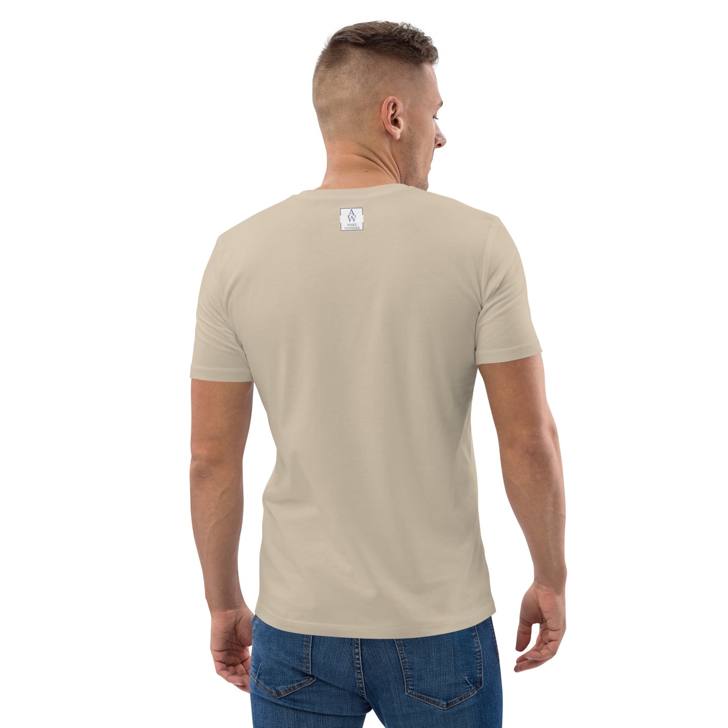 Back view of men’s organic cotton t-shirt in Desert Dust showing Anke Wonder branding detail below neckline.