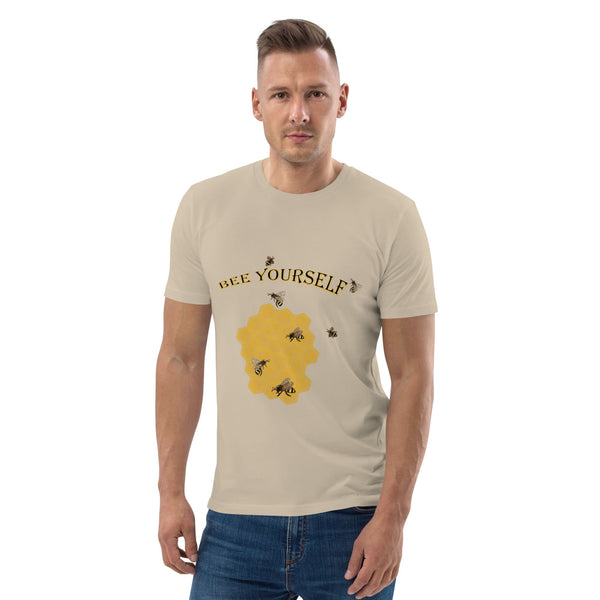 Man wearing a beige t-shirt with a bee graphic and 'BEE YOURSELF' text on a white background
