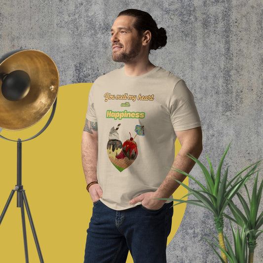 Side-angled view of man wearing desert dust organic cotton t-shirt with illustrated ice cream cone heart and uplifting quote, showcasing fit and print placement.