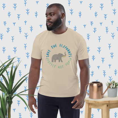 Man wearing a desert dust (light beige) organic cotton t-shirt with an illustrated elephant and the phrase “Save the Elephants – Protect Not Poach”; front view, right angle.