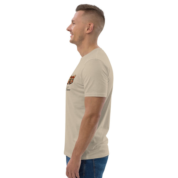 Side view of a Desert Dust organic cotton t-shirt, highlighting the soft fabric and symbolic butterfly artwork.