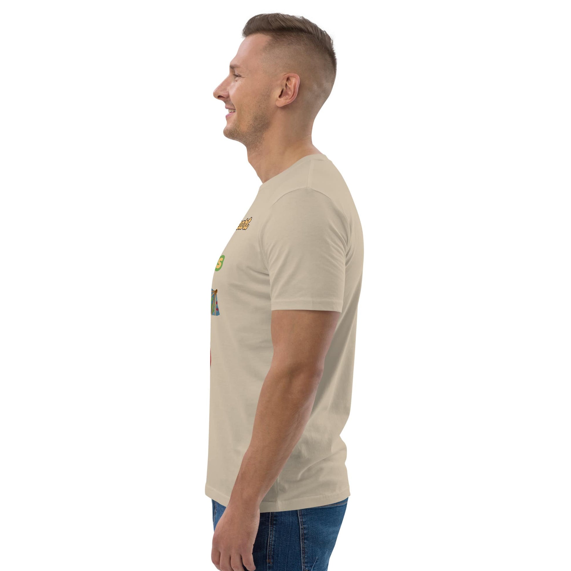 Profile view of man wearing desert dust sustainable graphic tee with visible part of the colorful ice cream heart design on the chest.