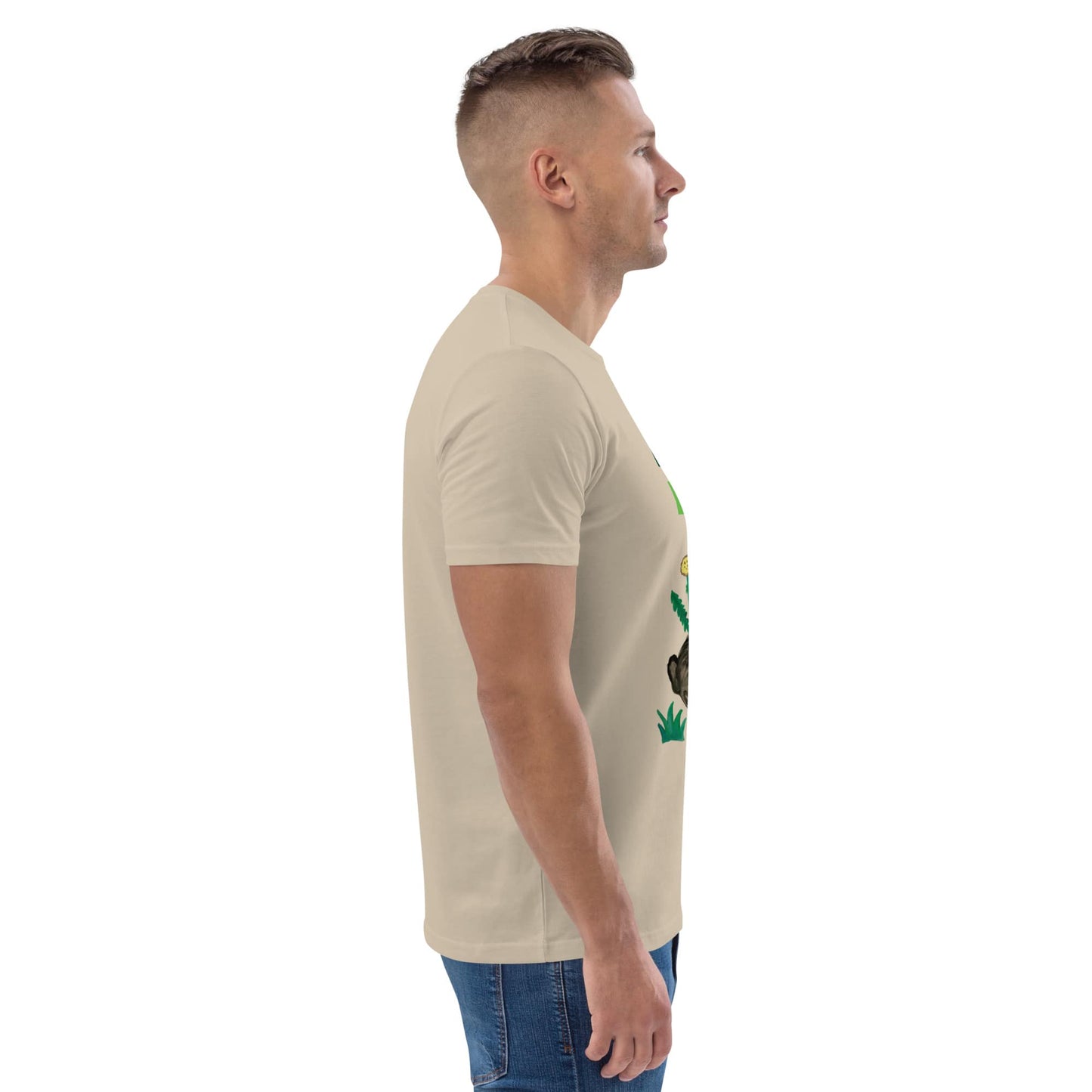 Side view of men’s desert dust organic cotton t-shirt featuring "Ruhe & Erholung" design with hand-painted rabbit, butterfly, and greenery.