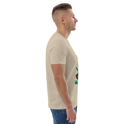 Side view of men’s desert dust organic cotton t-shirt featuring "Ruhe & Erholung" design with hand-painted rabbit, butterfly, and greenery.