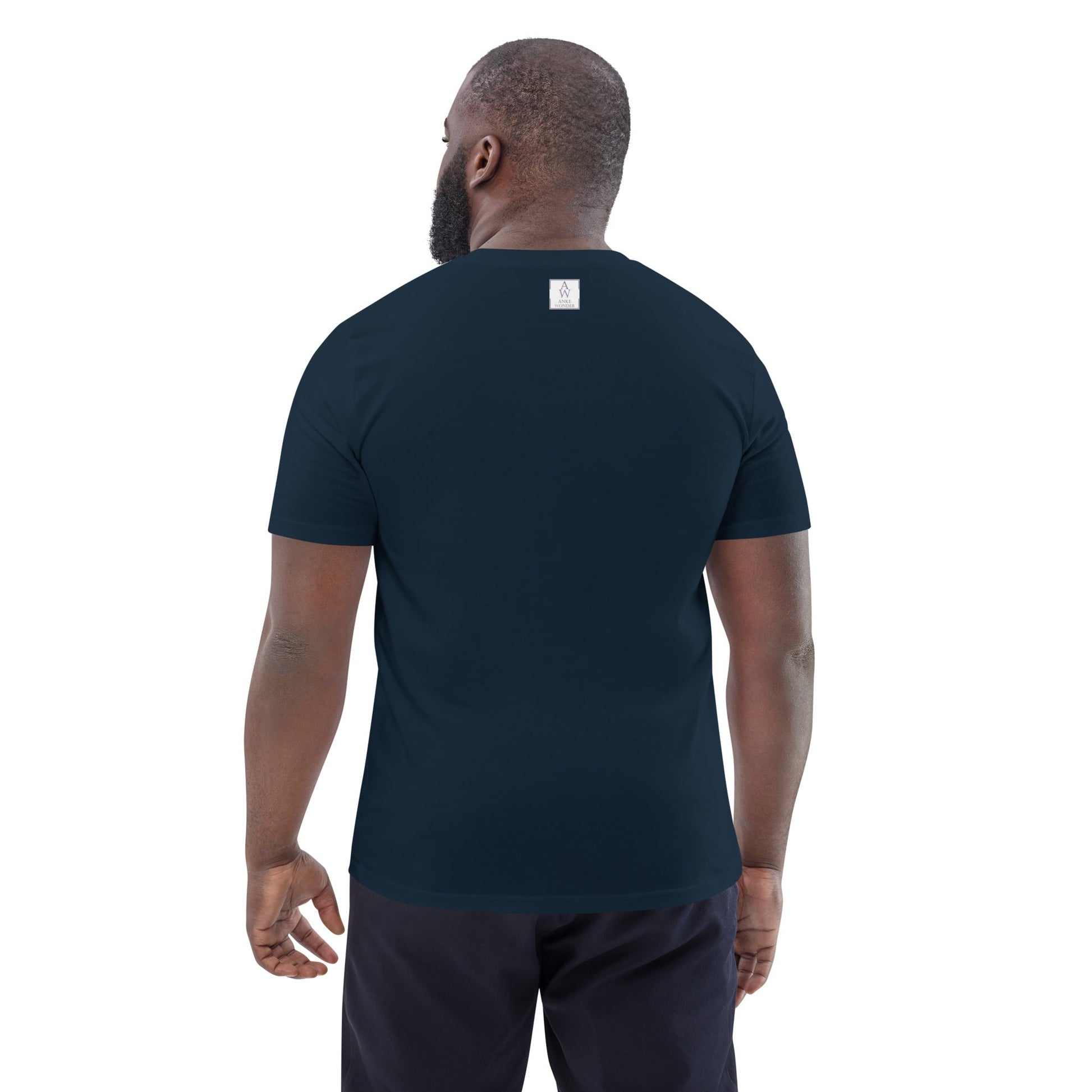 Back view of men's organic cotton t-shirt in navy. Minimalist, comfortable cut with clean lines with Anke Wonder branding.