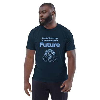 Black Man wearing an organic cotton t-shirt in navy with the quote “Be defined by a vision of the Future” and a futuristic graphic of clouds, rainbow, stars, and gears.