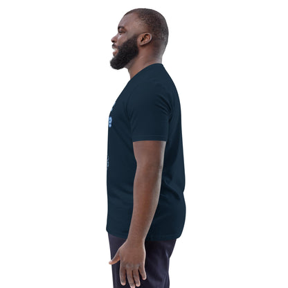 Side view of the men's organic Future Vision t-shirt in navy, highlighting the soft fit and breathable organic cotton fabric.
