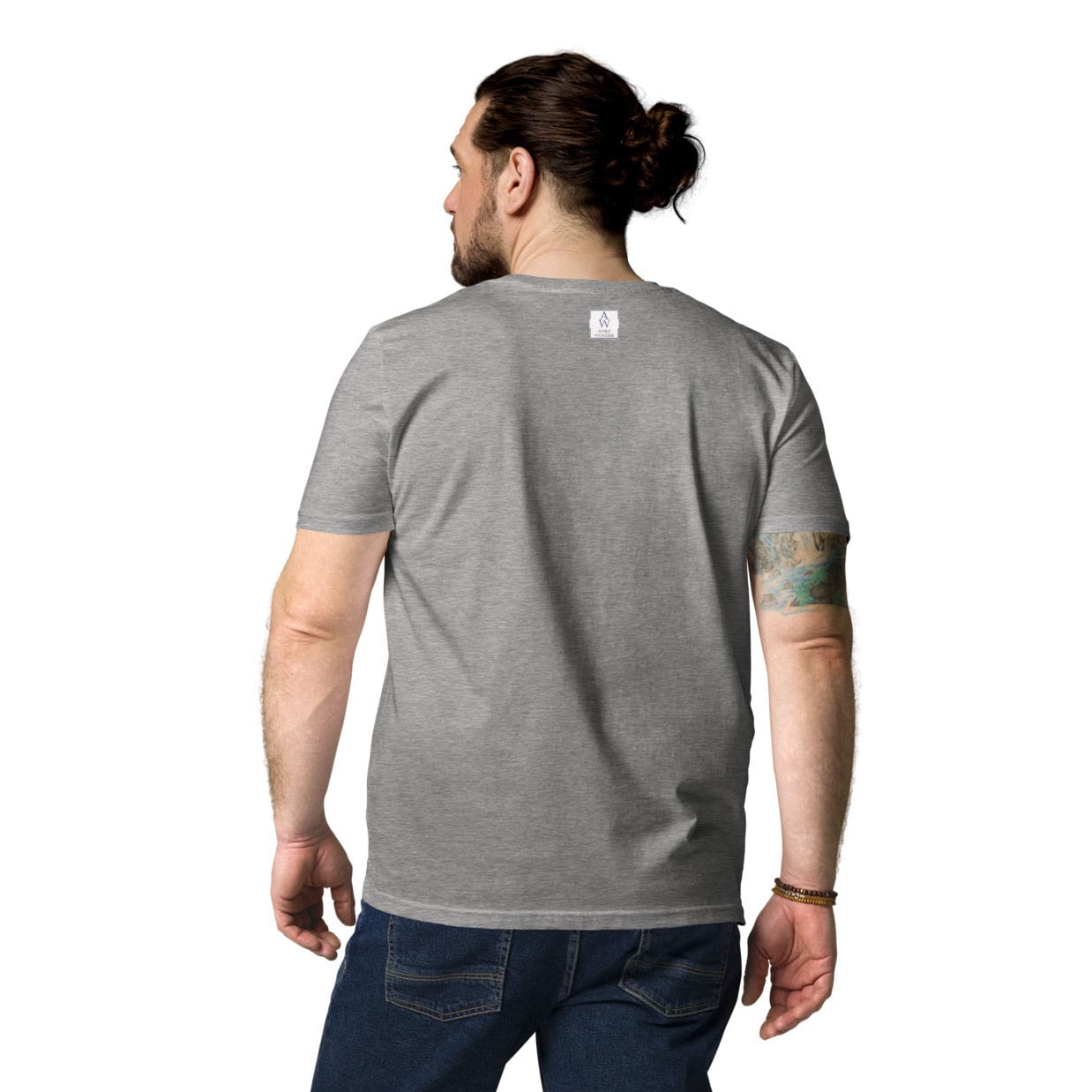Back of heather grey organic cotton t-shirt worn by man, highlighting clean cut and subtle Anke Wonder branding at the top.