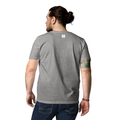 Back of men's organic cotton t-shirt in dark heather grey with Anke Wonder branding, showing the comfortable fit.