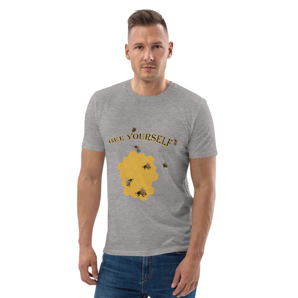 Man wearing a gray t-shirt with a yellow graphic  of a bee and the text 'Bee Yourself' on a white background