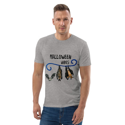 Man wearing a gray t-shirt with 'Halloween Vibes' and bat illustrations on a white background