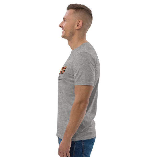 Side profile of a model wearing the Grey butterfly t-shirt, highlighting breathable organic cotton and a relaxed fit.