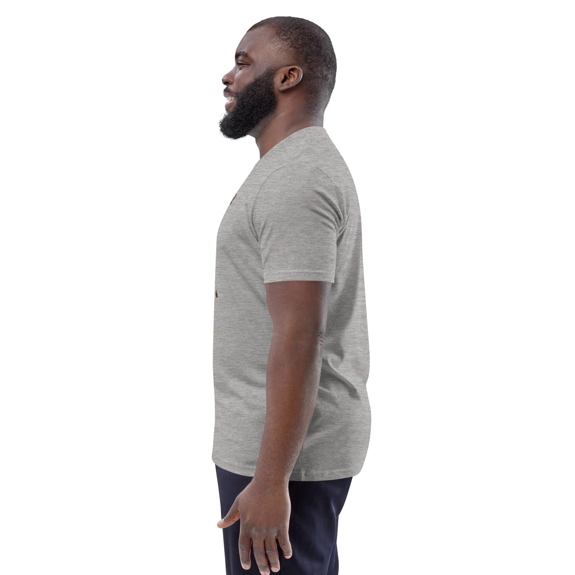 Side view of man wearing heather grey “Father to Bee” t-shirt, showcasing fit and sleeve length.