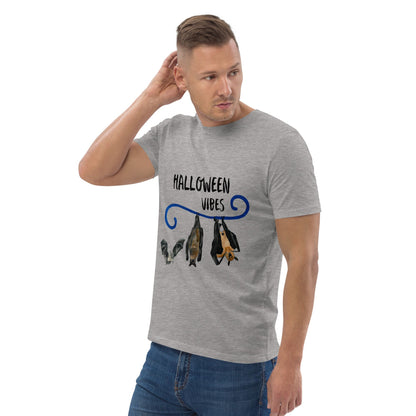 Man wearing a gray t-shirt with 'Halloween Vibes' and bat graphics on a white background