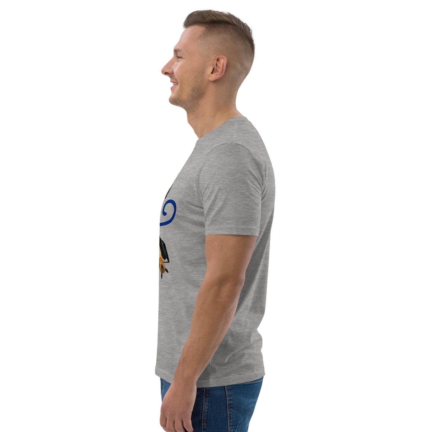 Side view of man wearing a gray t-shirt with a logo on a white background