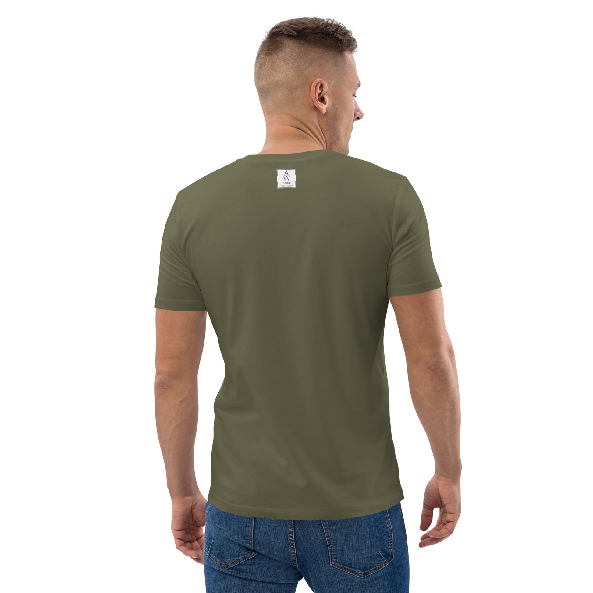 Back view of a men's organic cotton t-shirt in khaki with Anke Wonder Brand Label. Simple, comfortable, and eco-friendly design.