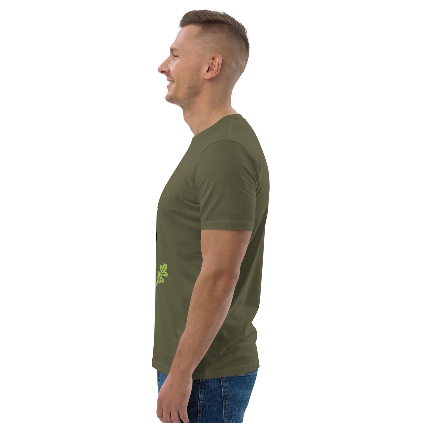 Side view of a men's organic cotton t-shirt in khaki. Soft, breathable fabric with a relaxed fit for everyday comfort.