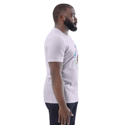 Side profile of a man in a lavender organic cotton “Save the Elephants – Protect Not Poach” t-shirt; the side view emphasizes fit and comfort.