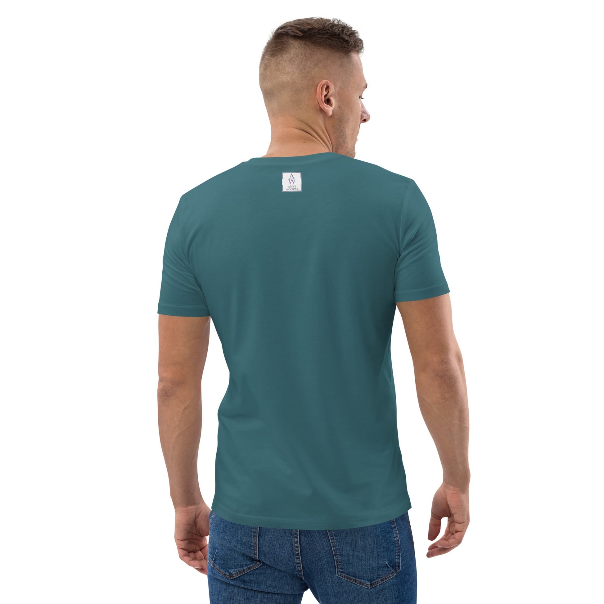Back view of a men's organic cotton t-shirt in stargazer color with Anke Wonder Brand Label. Simple, comfortable, and eco-friendly design.