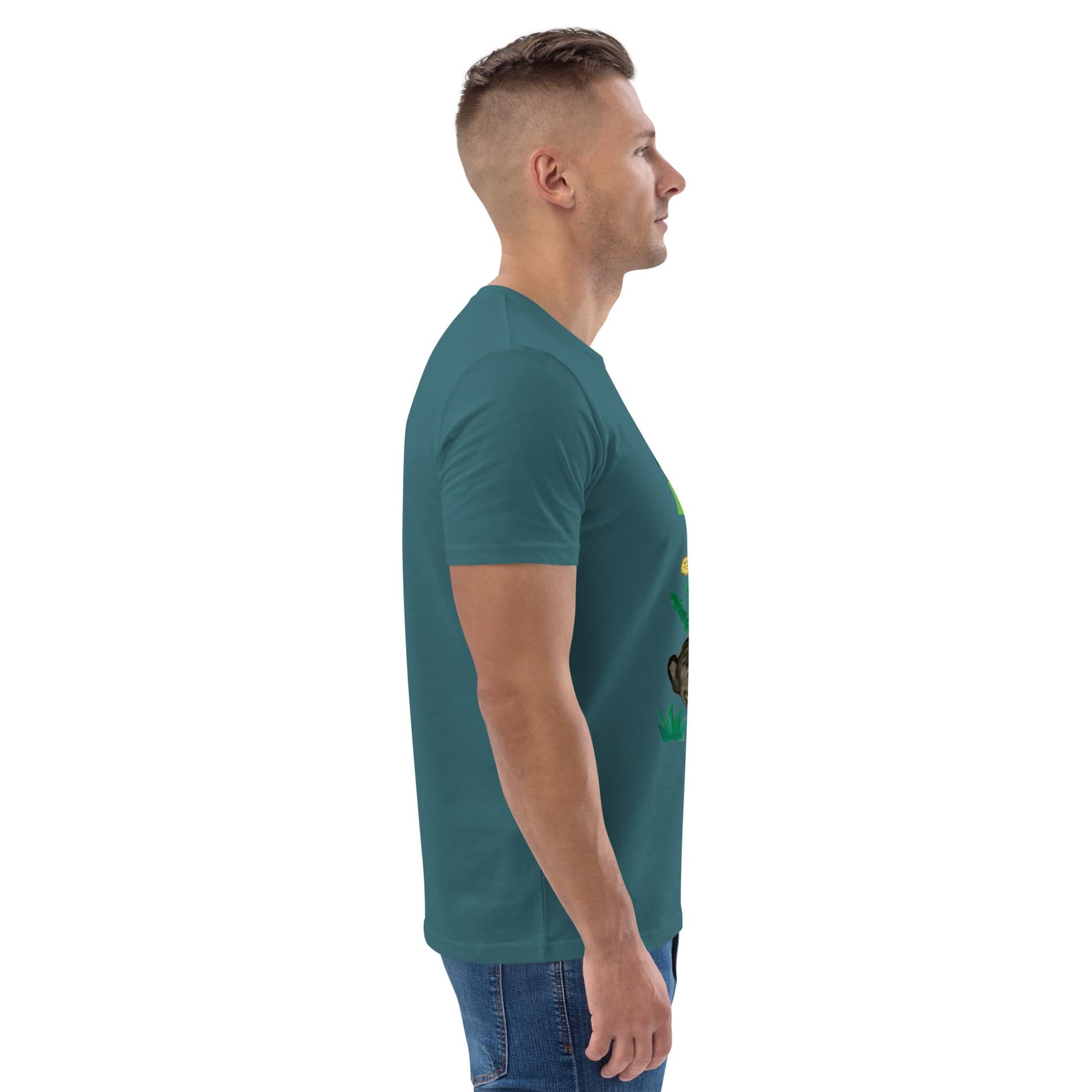 Side view of men’s organic cotton t-shirt in stargazer color featuring "Ruhe & Erholung" design with hand-painted rabbit, butterfly, and greenery.