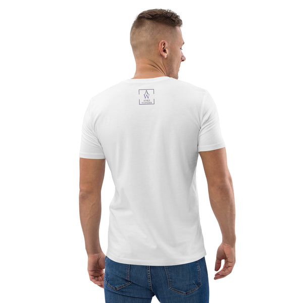 Back of the White butterfly t-shirt featuring the Anke Wonder label, perfect for men who value sustainable and minimalist style.