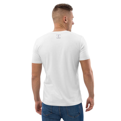 Back view of men’s organic cotton t-shirt in White showing Anke Wonder branding detail below neckline.