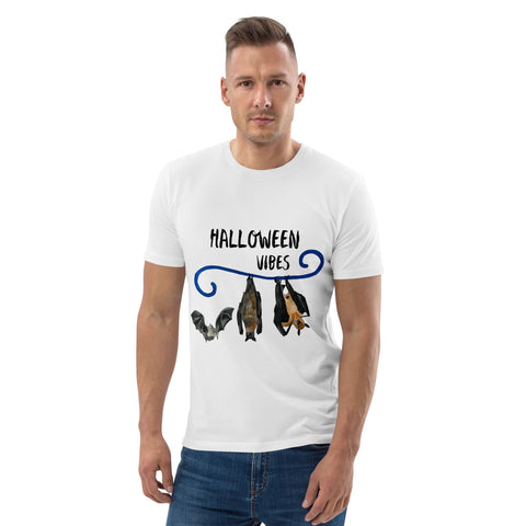 Man wearing a white t-shirt with 'Halloween Vibes' and bat illustrations on a white background