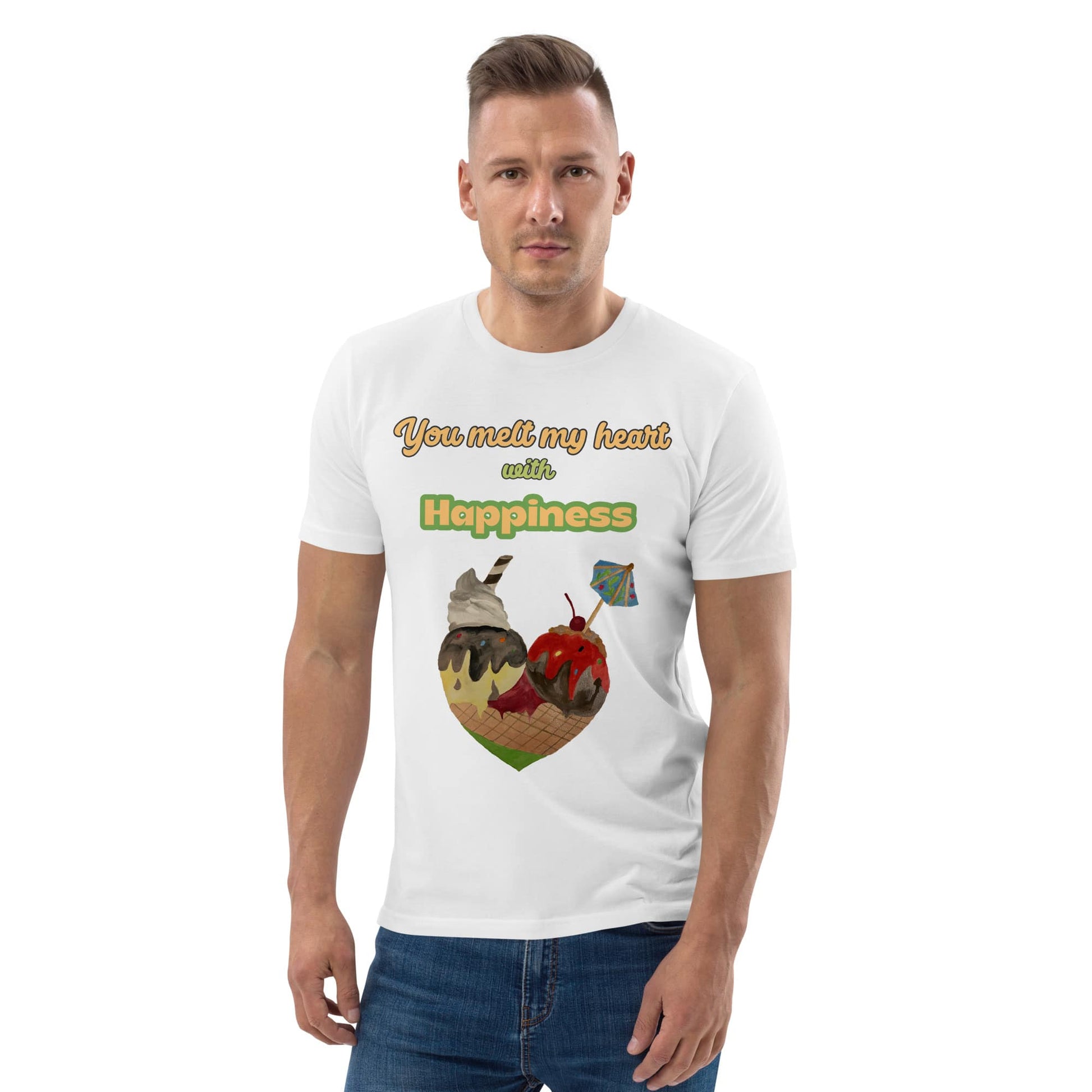 Man wearing white organic cotton t-shirt with colorful ice cream heart design and the phrase “You melt my heart with Happiness,” standing with a neutral expression.