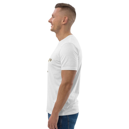 Side View of man wearing a white t-shirt with a bee design on a white background