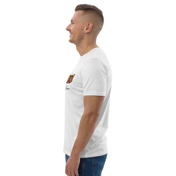 Side profile of a model wearing the White butterfly t-shirt, showcasing breathable organic cotton and a meaningful design.