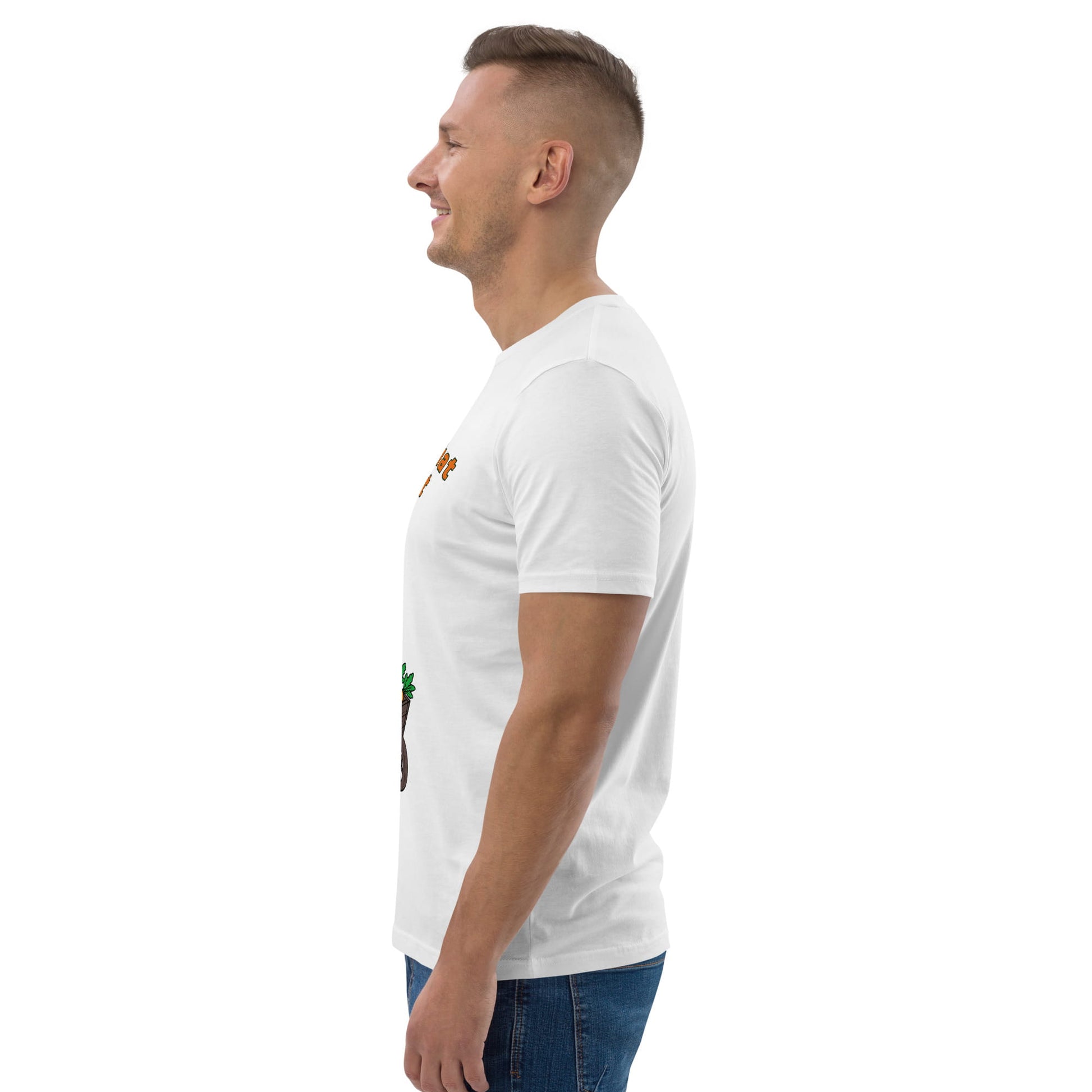 Man wearing a white t-shirt with a small logo on a white background