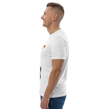 Man wearing a white t-shirt with a small logo on a white background