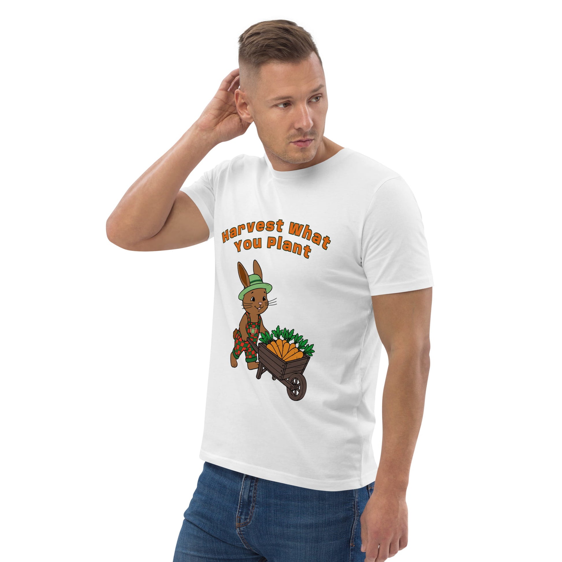 Man wearing a white t-shirt with a cartoon rabbit and text design on a white background