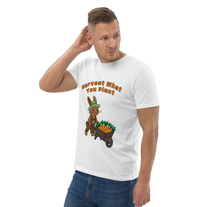 Man wearing a white t-shirt with a cartoon rabbit and text design on a white background