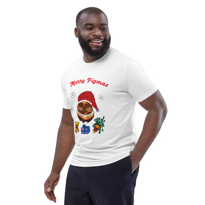 Man wearing a white t-shirt with a Christmas-themed design featuring a guinea pig on a white background