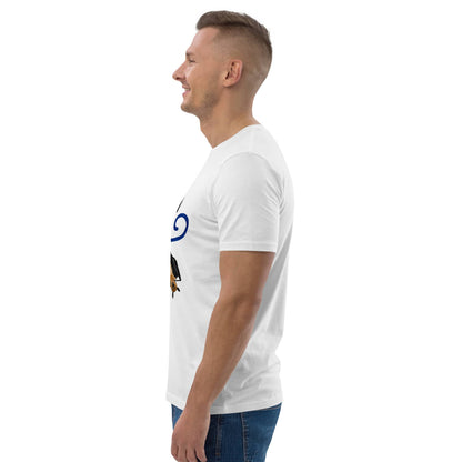Side view of man wearing a white t-shirt with a graphic design on a white background