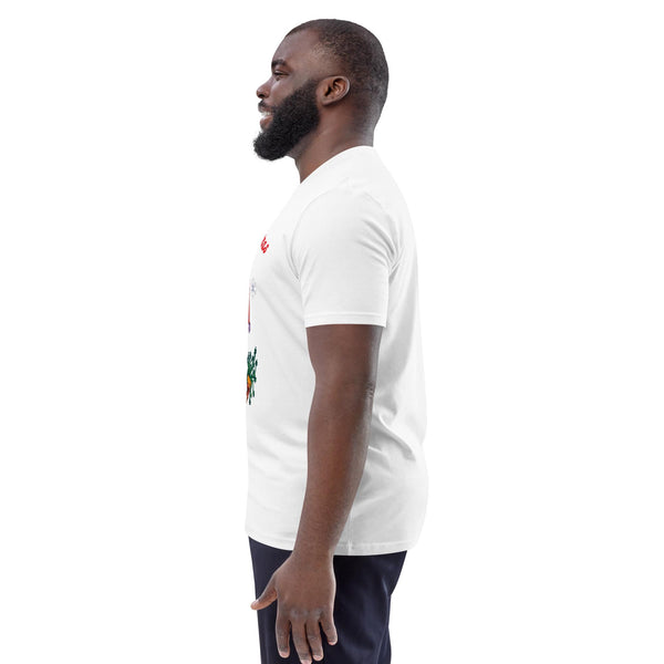 Side view of man wearing a white t-shirt with a colorful guinea pig graphic on a white background