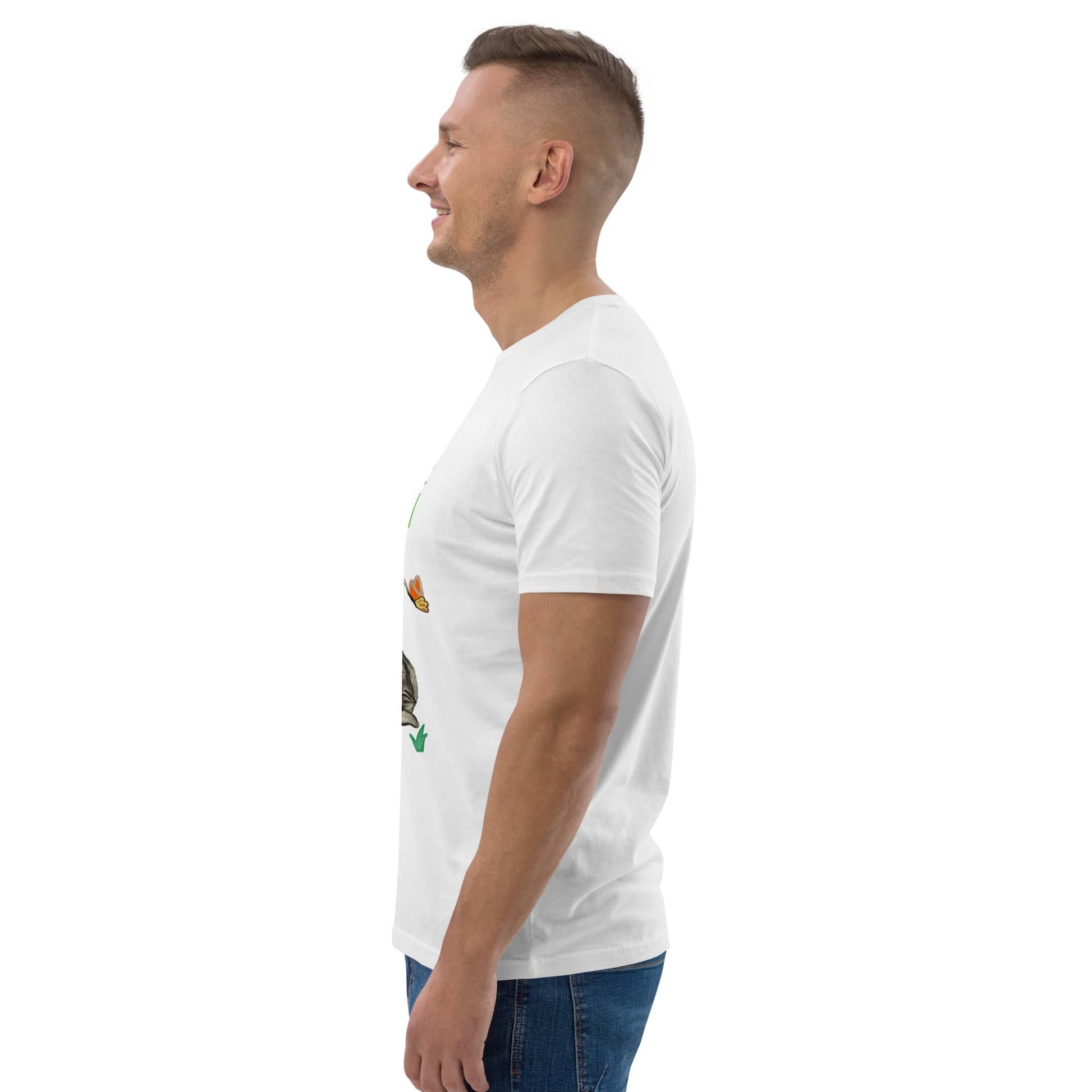 Side view of men's white organic cotton t-shirt featuring hand-painted rabbit and nature-inspired Relax & Unwind design.
