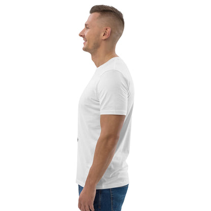 Side profile of man wearing white organic cotton t-shirt featuring a relaxed fit and soft fabric, designed by Anke Wonder.