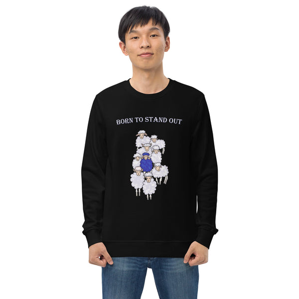 Man wearing the "Born to Stand Out" Sheep Cotton Black Sweatshirt, showcasing the bold blue sheep design on the front.