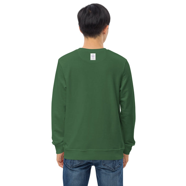 Back view of men's forest green sweatshirt with anke wonder label, highlighting the clean and simple design of the garment.