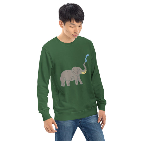 Men's sweatshirt in deep forest green featuring a playful elephant design with yellow tusks and blue water droplets on the left chest.