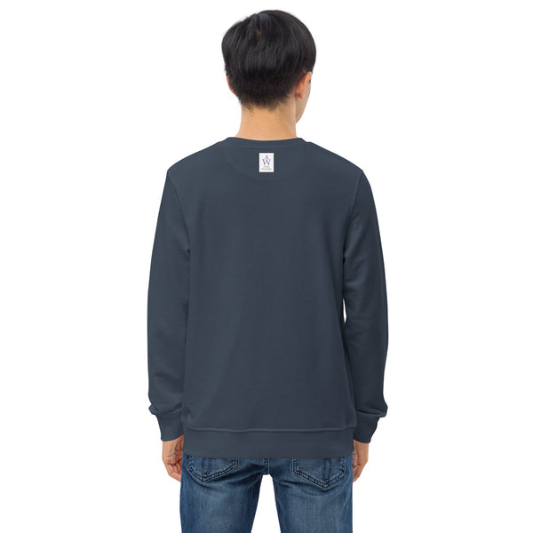 Back view of men's navy sweatshirt with anke wonder label, highlighting the clean and simple design of the garment.